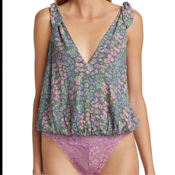 NWT Free People Bare It All Bodysuit Chambray Combo Floral Draped Boho top - Picture 1 of 16